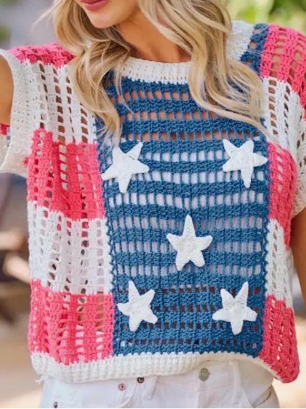 BiBi Crochet Stars Flag-Inspired Sweater in Blue, White & Red size Small